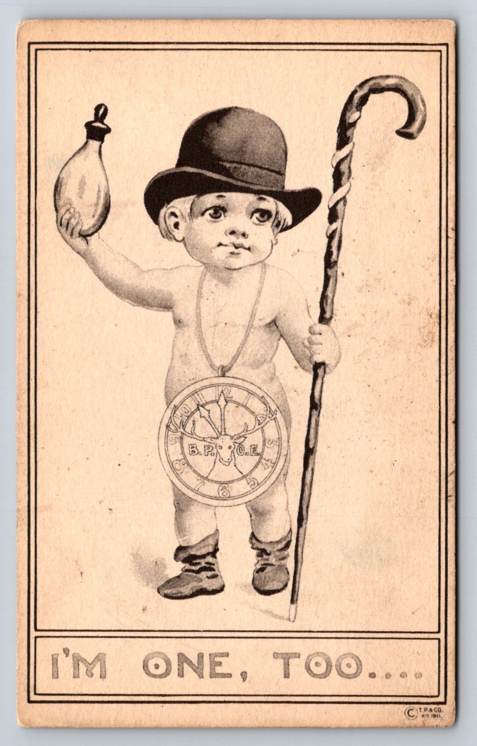 Vintage 1911 B.P.O.E. Elks Lodge Humor Postcard - I\'m One Too - Baby Elk Mascot