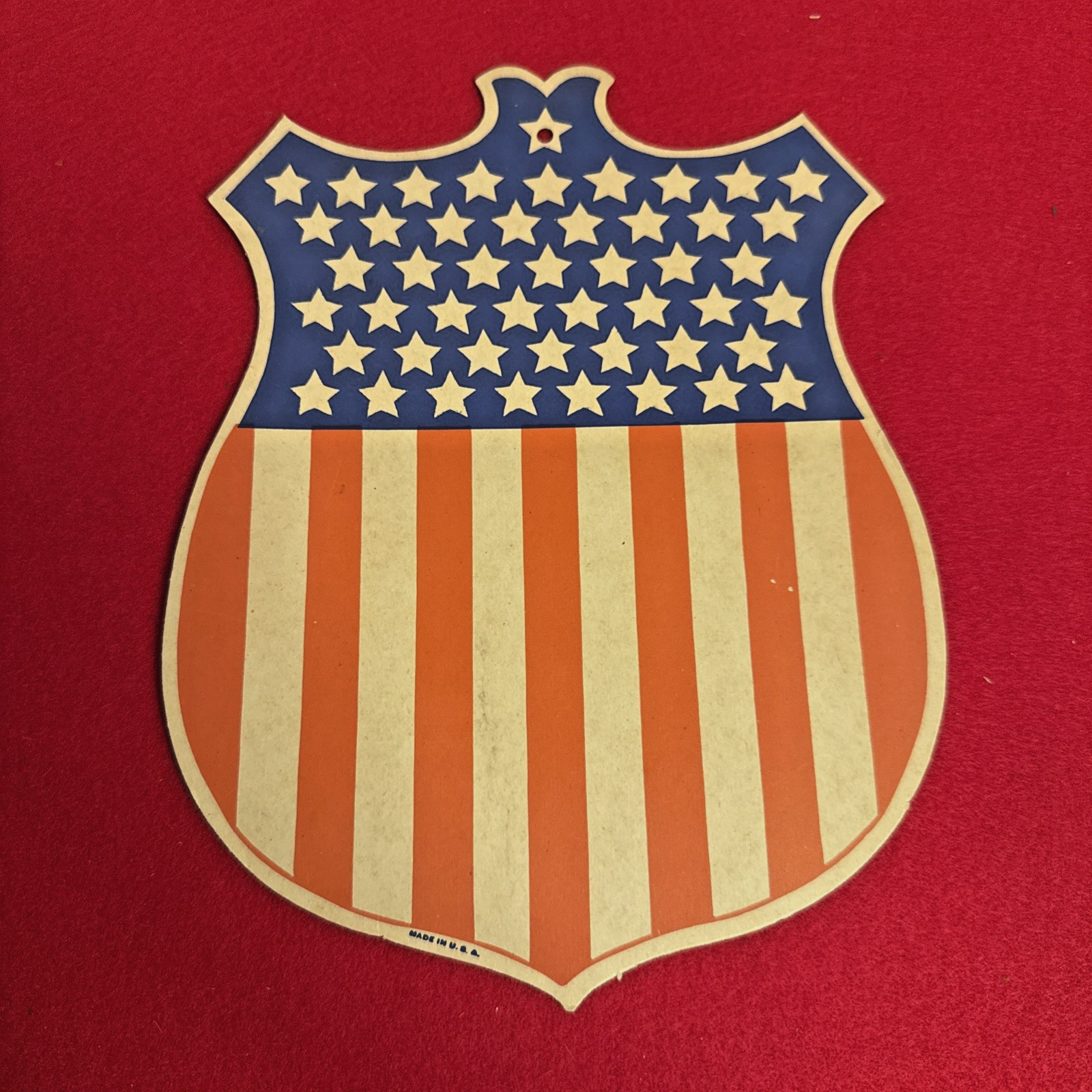 Vintage Patriotic US Flag Shield Die Cut Sign Cardboard Americana WWII Decor