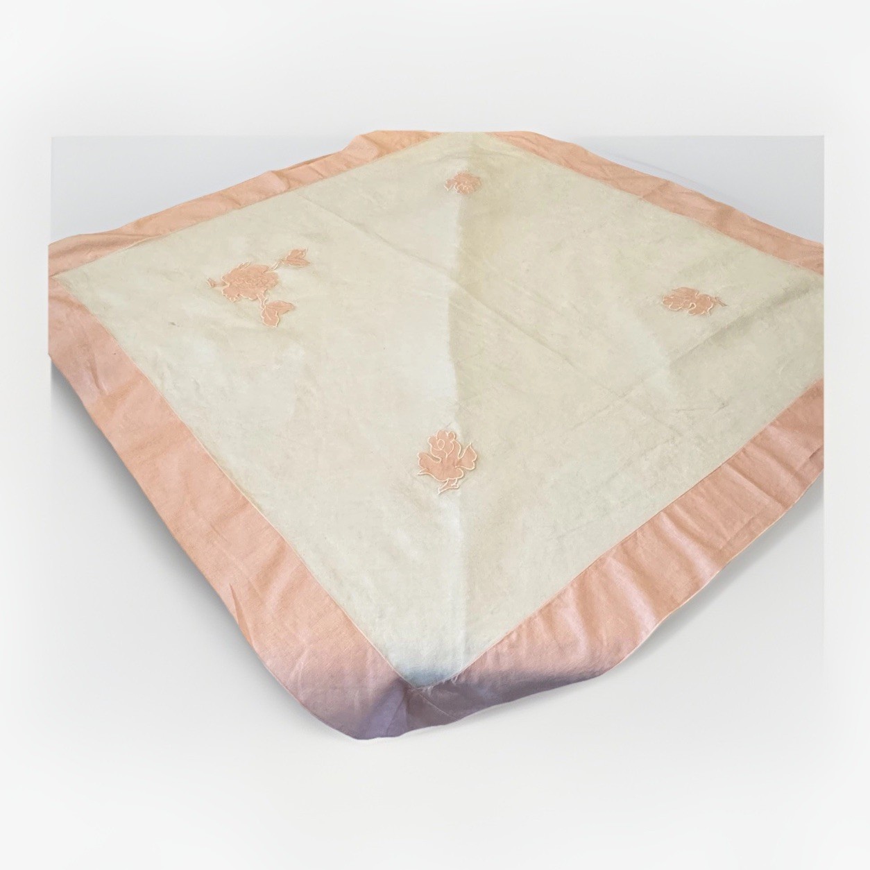Vintage Madeira Organdy Table Square 41.5” Pink Floral Appliqué Charleston
