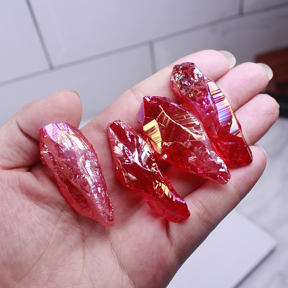 50~100g Red Titanium Rainbow Lemurian Aura Quartz Crystal Reiki Healing Stone^