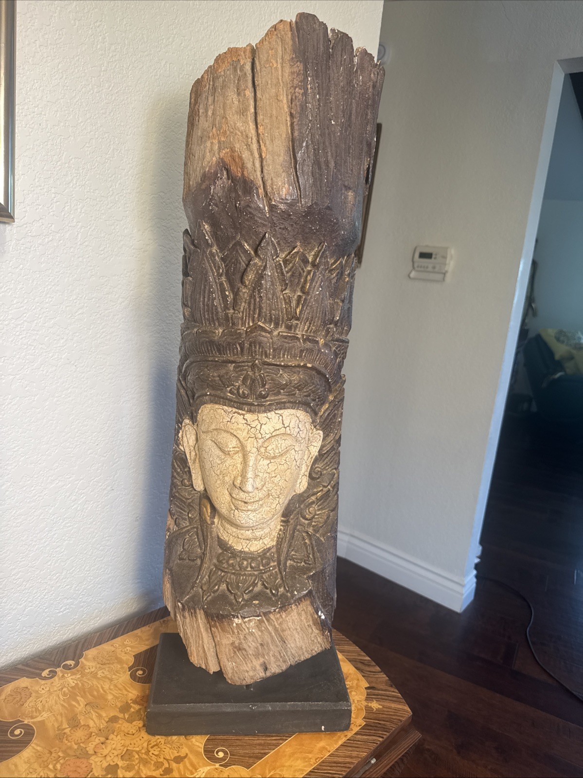 HUGE Hand Carved Teakwood Khmer Goddess Sculpture on Stand  32”