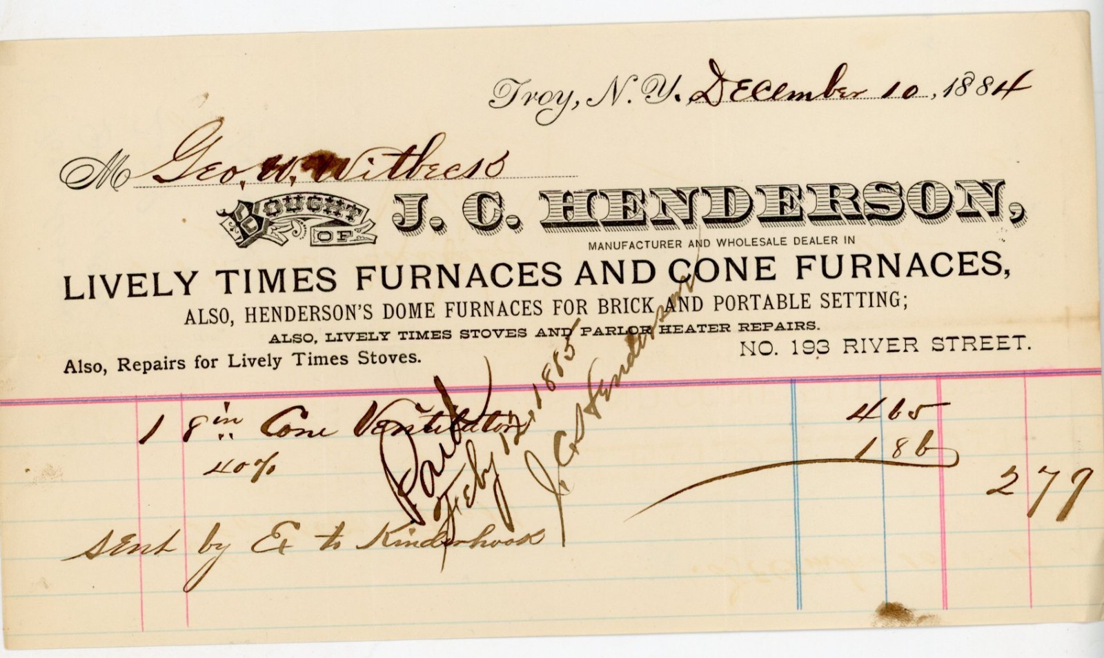 1884 J.C. Henderson Troy NY Billhead Receipt – Lively Times Cone Furnace Dealer