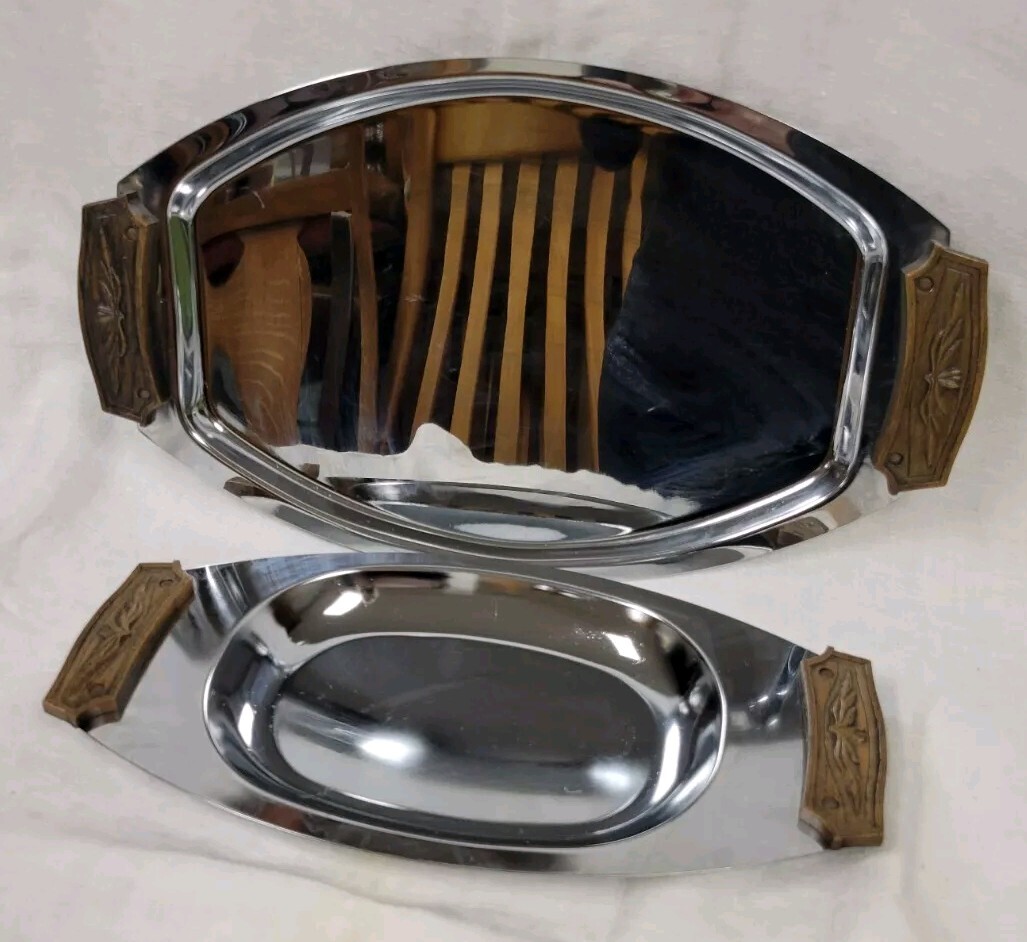MCM Vtg - 2 pc Set KROMEX Brand - Matching Serving Platters - Decorative Handles