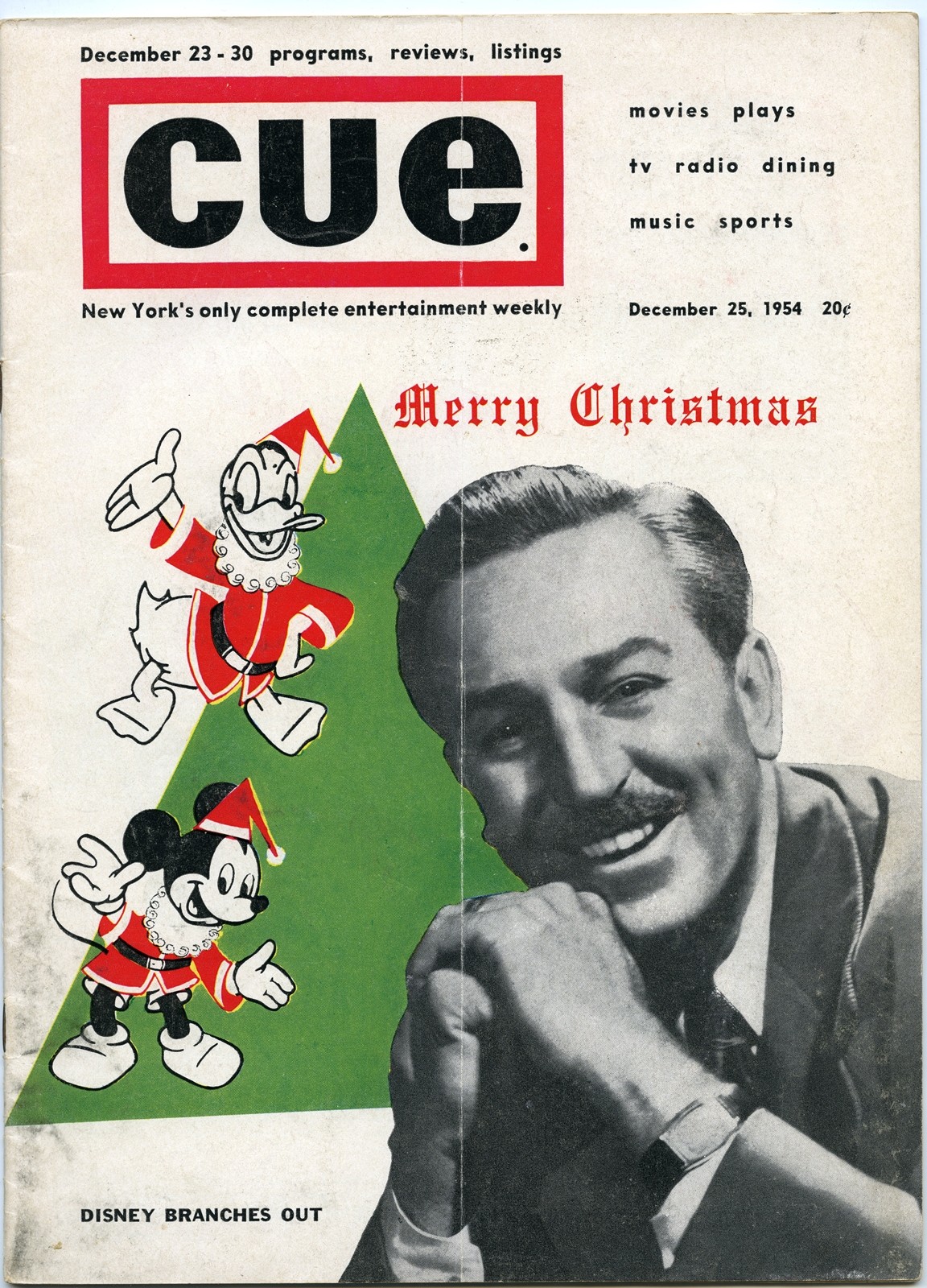 Walt Disney 1954 Christmas Cover CUE Magazine Disneyland TV and Park Promotion