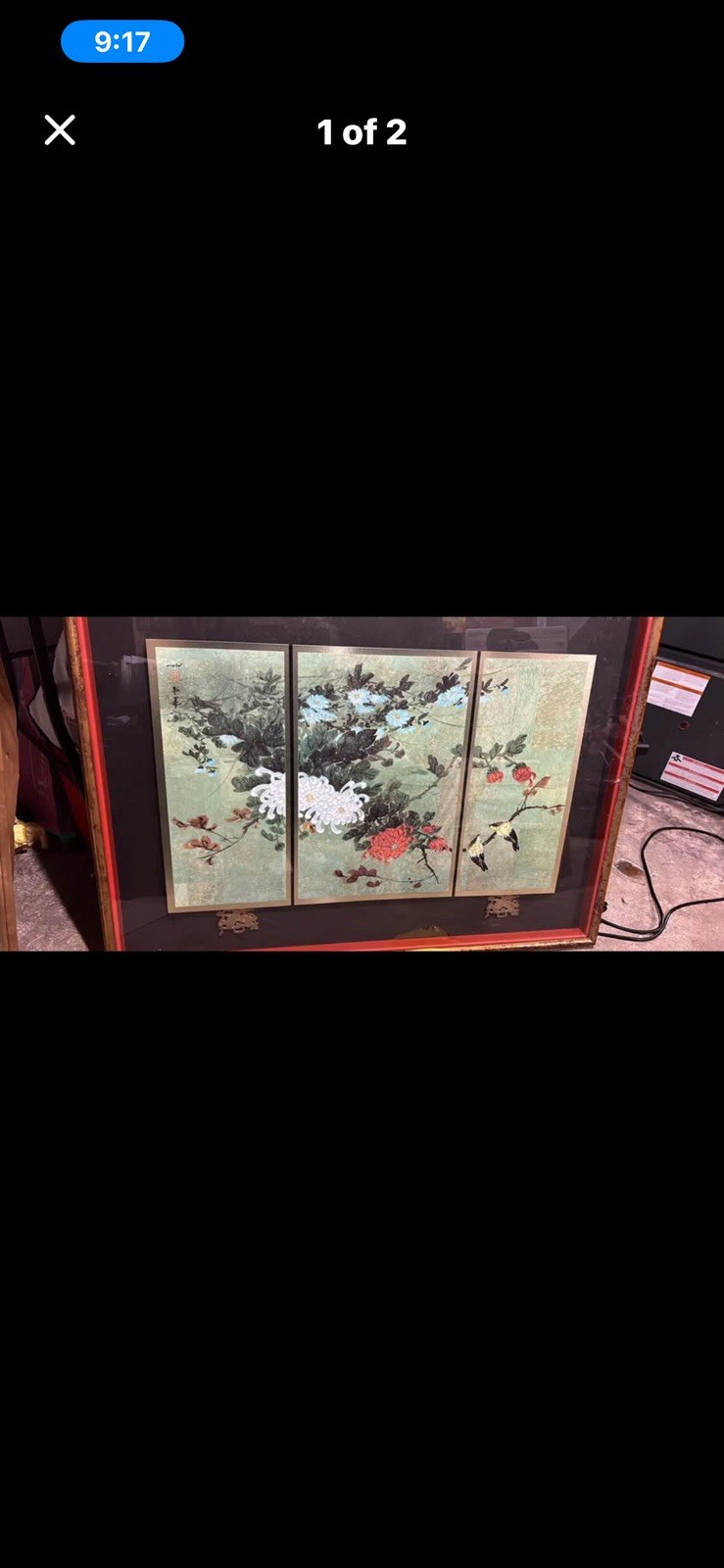Japanese Framed Triptych Multi-Panel Print with Floral and Bird Nature Scene