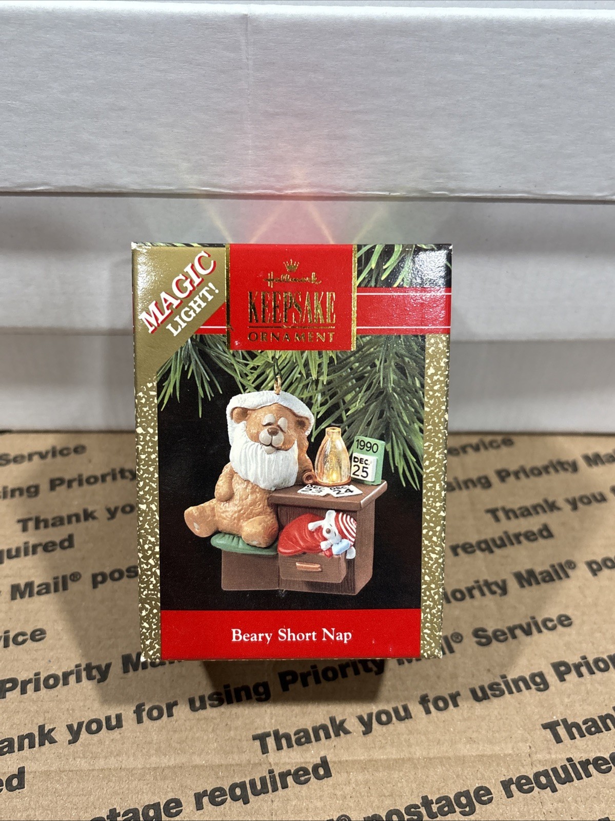 Vtg 1990 Hallmark Keepsake Christmas Ornament Beary Short Nap Bear Magic Light