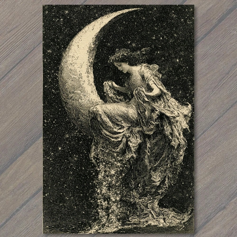 POSTCARD Crescent Moon Goddess Woman Starry Night Celestial Fantasy Black White