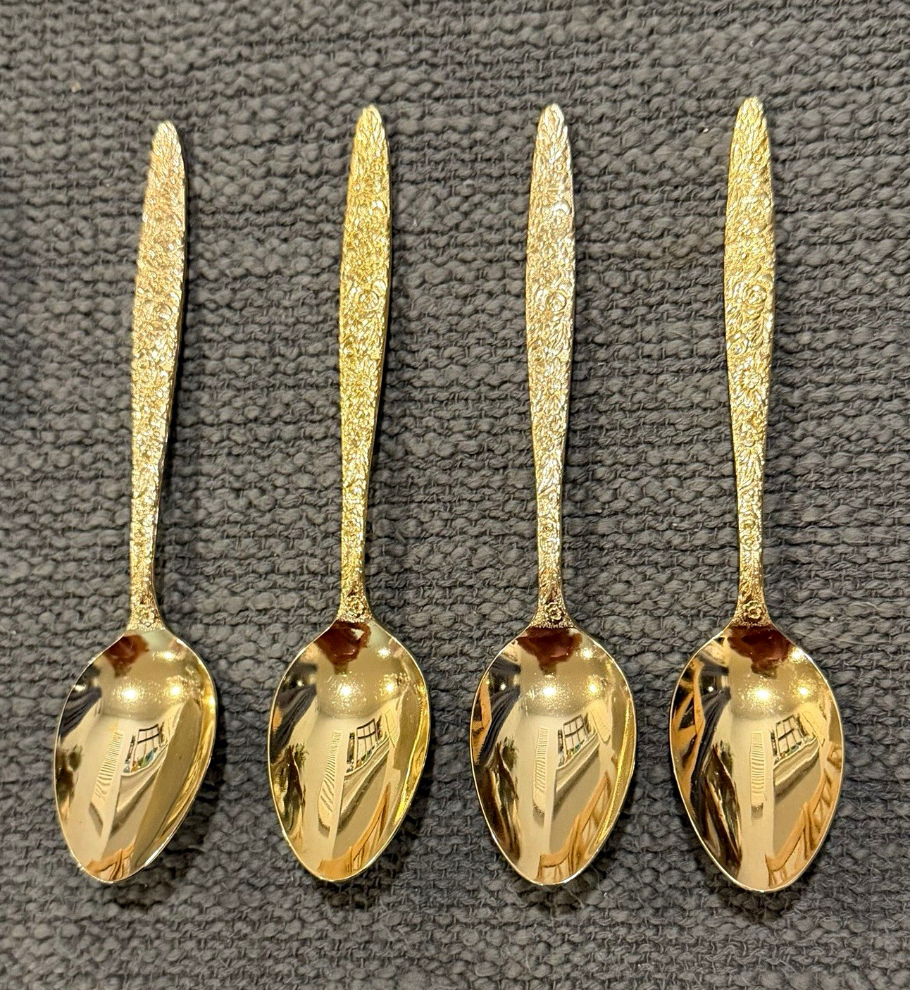Vintage Gold Electroplate Floral Teaspoons Set of 4 Golden Bouquet Style