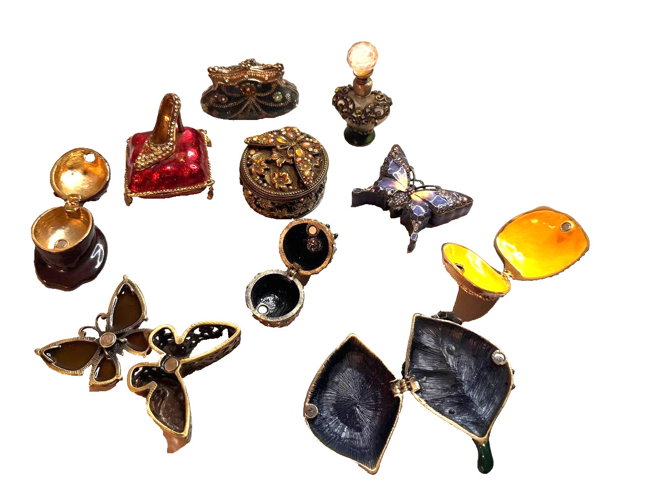 Vintage Bejeweled Trinket Box Lot Enamel Crystal Hinged Butterfly Shoe Set 10pc