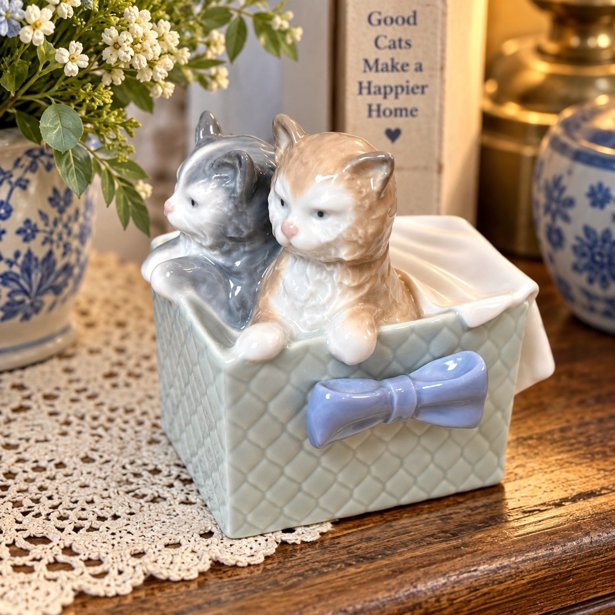NAO by Lladro Porcelain Kittens Cats in Box Blue Bow Figurine Spain Vintage