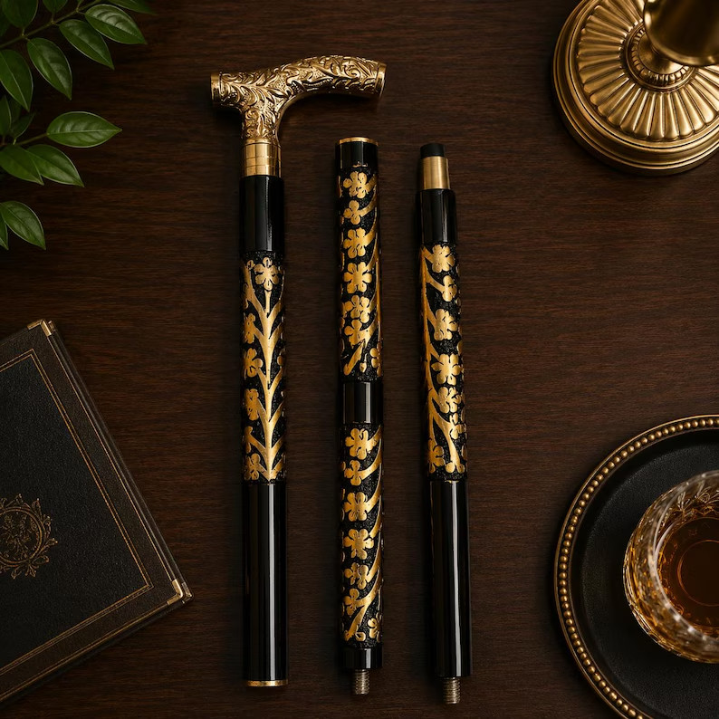 Handmade Wooden Stick Cane , Victorian Foldable Lightweight Walking Cane , Gentl