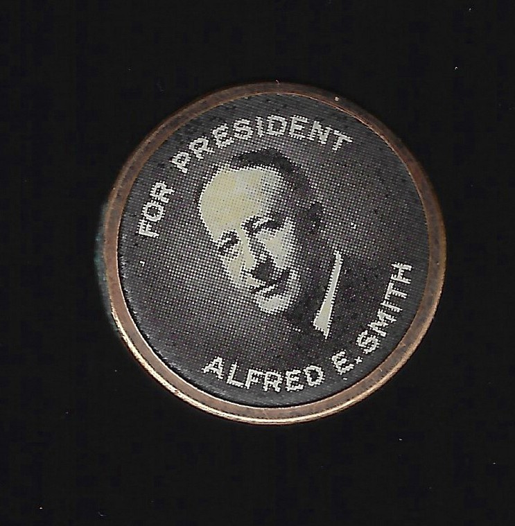 1928 Al Smith Presidential Campaign Celluloid Lapel Stud with a Gold Rim