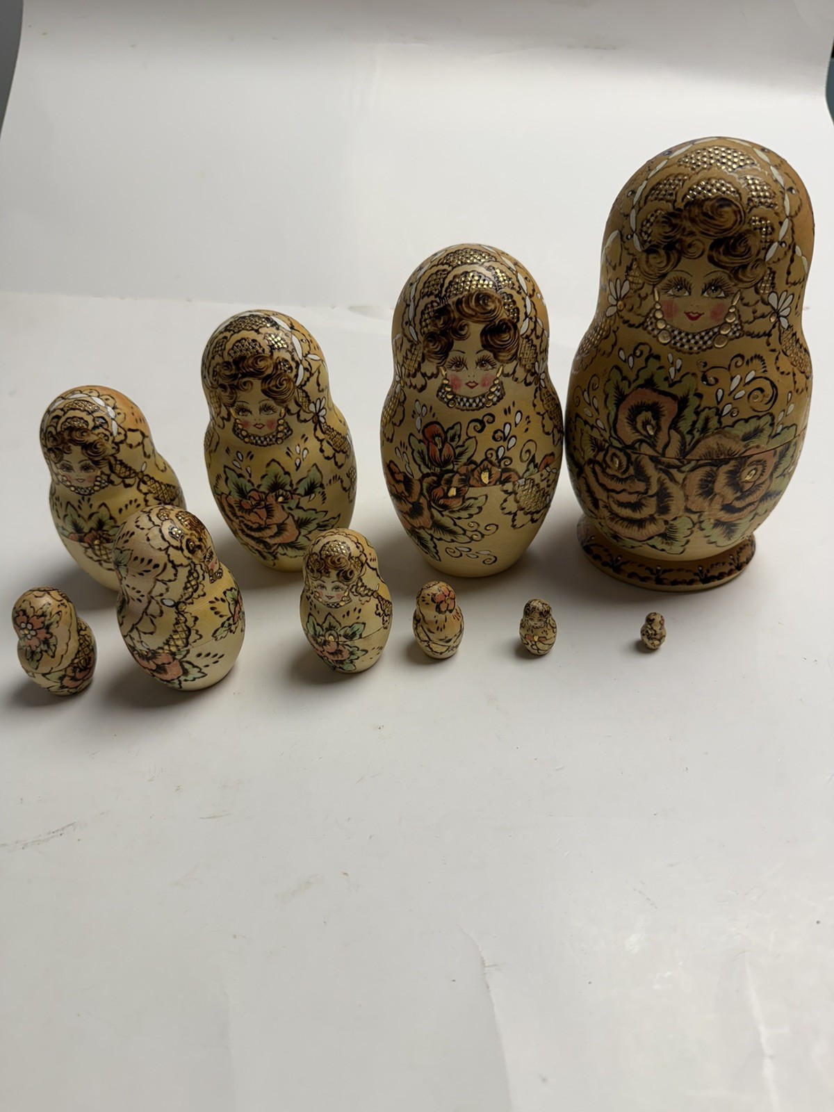 10 Pc Signed Russian Matryoshka Nesting Dolls Hand Painted Wood Floral Gold
