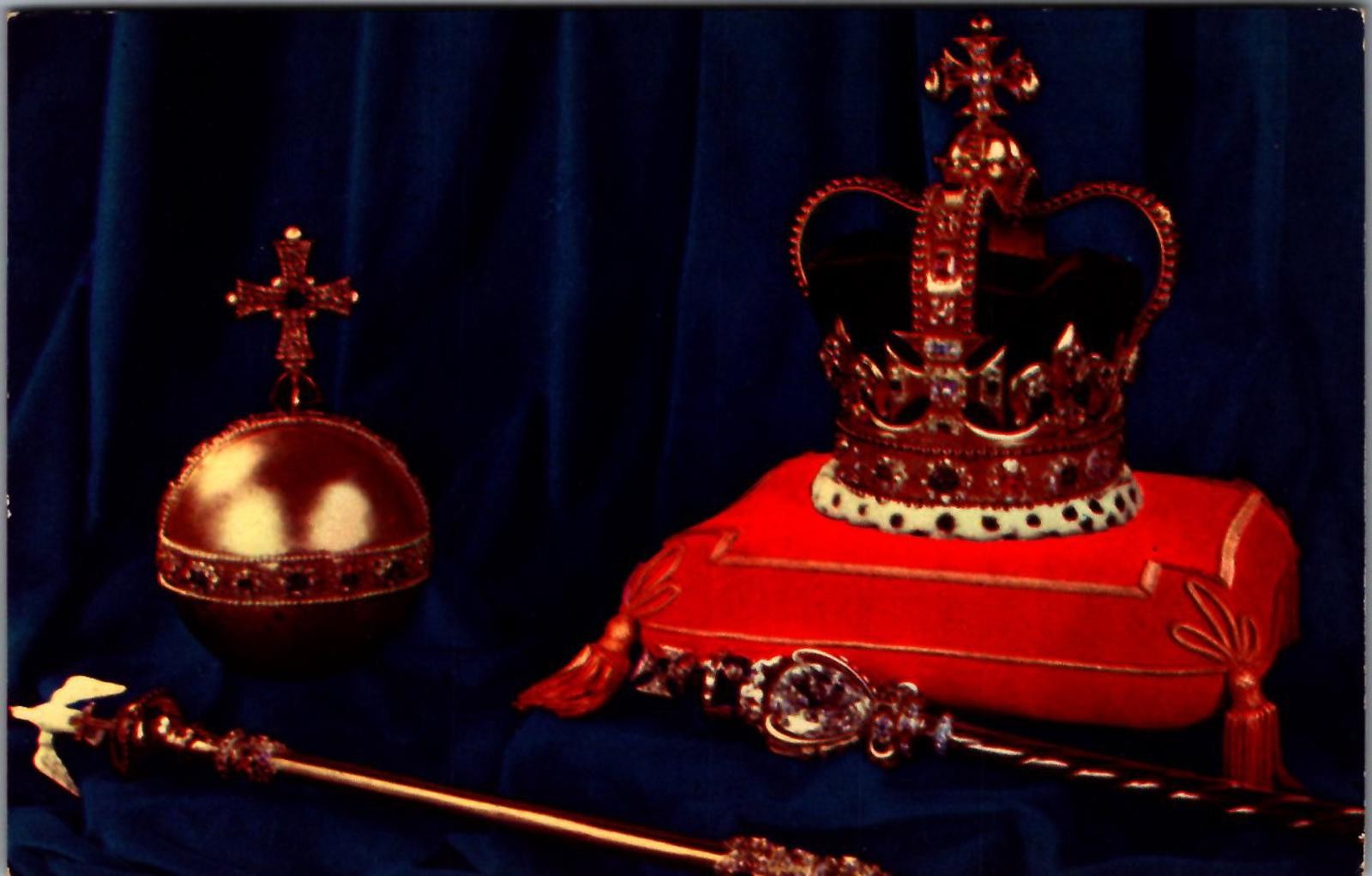 Vintage Coronation Regalia Postcard St. Edward\'s Crown, Royal Orb, and Sceptre