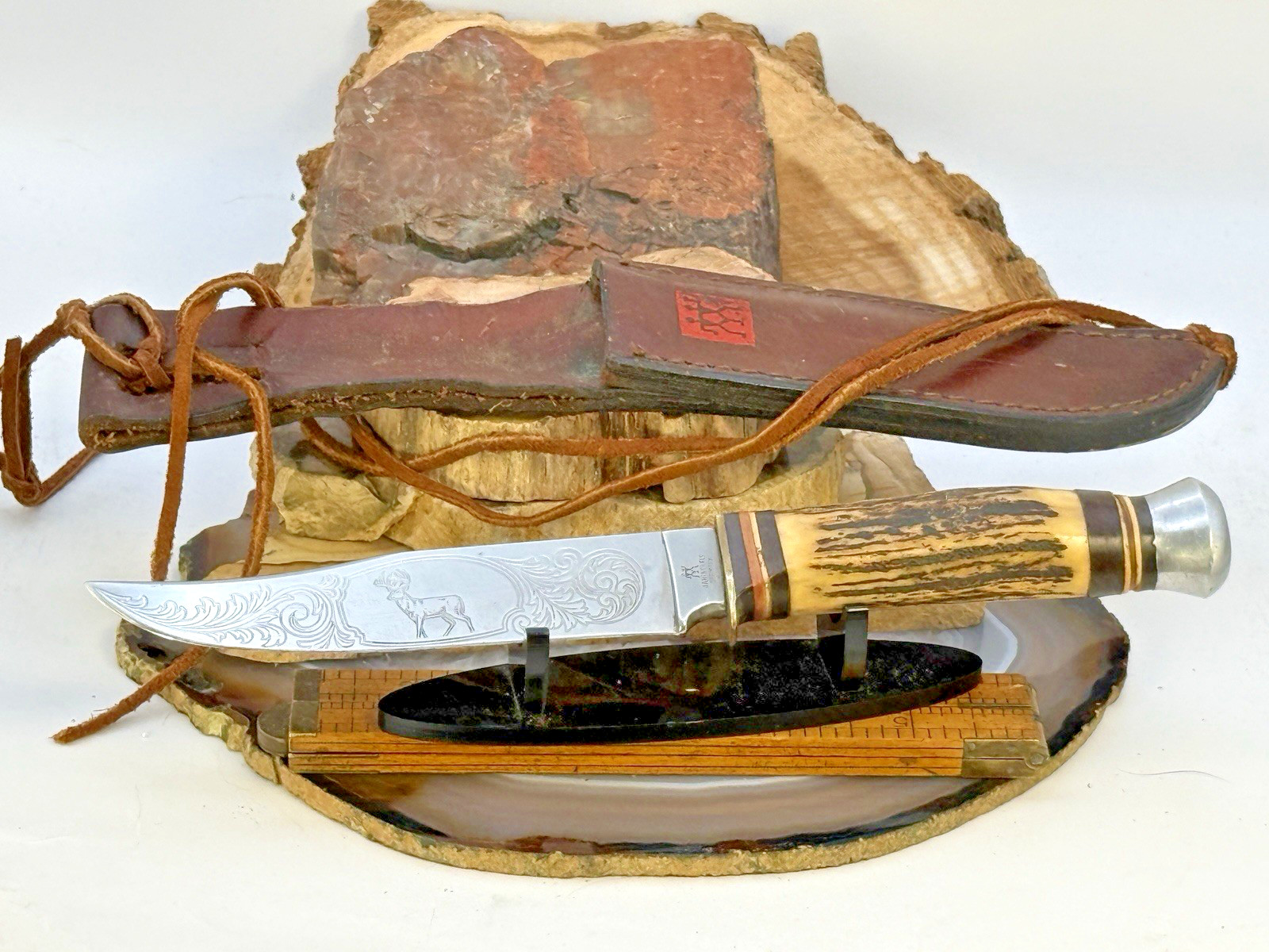 Vintage J.A. Henckels HK 504 Stag Deer Scene Etch Knife Original Sheath--2237.26