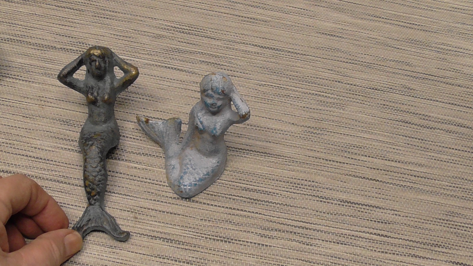 Two Vintage Cast Iron MERMAID Sculptures - Blue Green Statue Decor