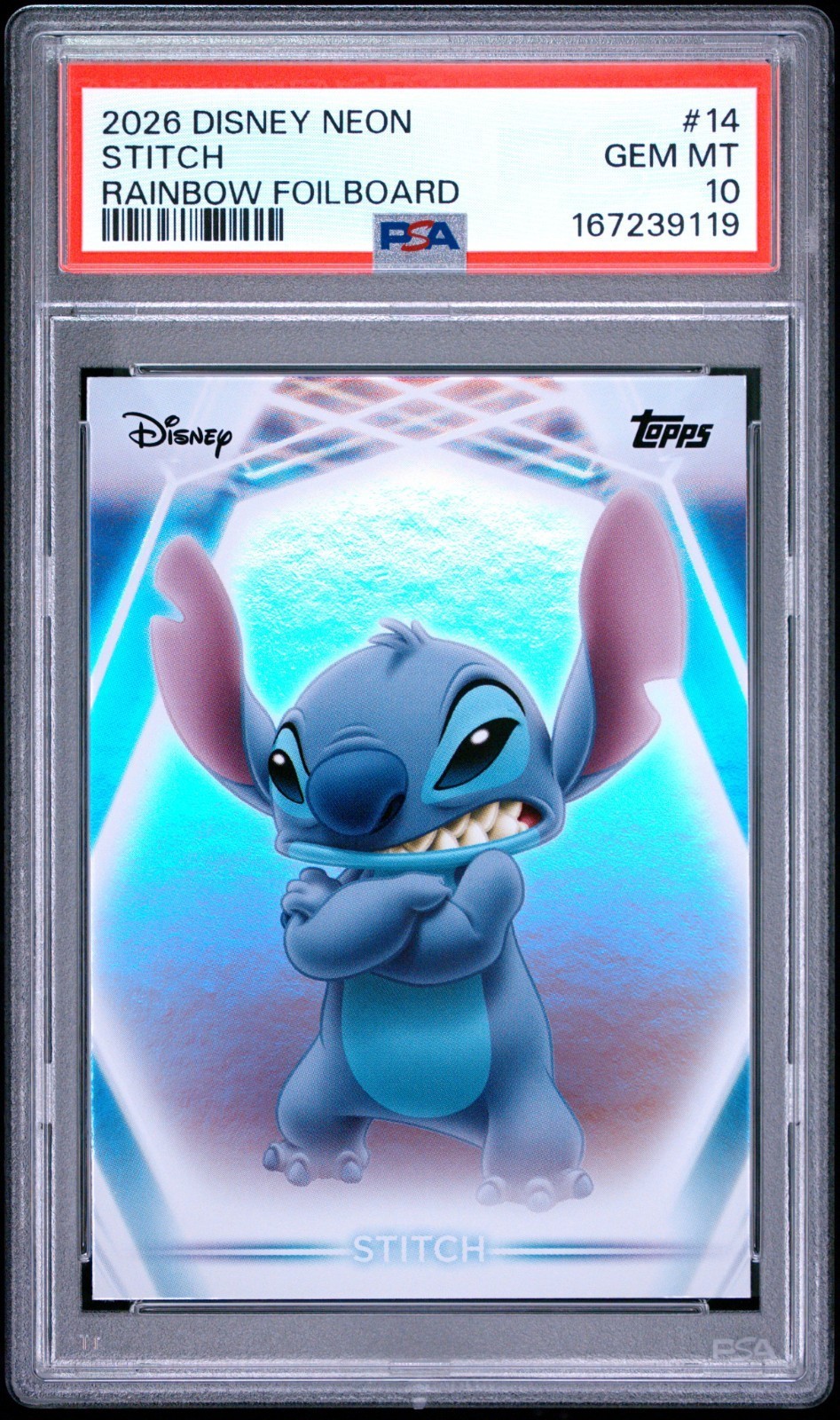 2026 Topps Disney Neon Stitch #14 Rainbow Foil Board PSA 10 POP 2