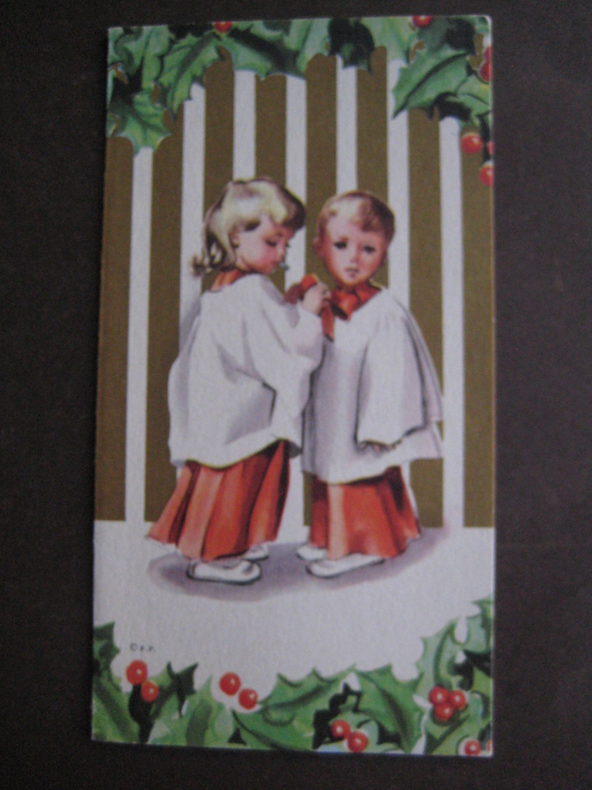 1954 vintage greeting card Art Guild CHRISTMAS Choir Girl Fixing Boy\'s Bow