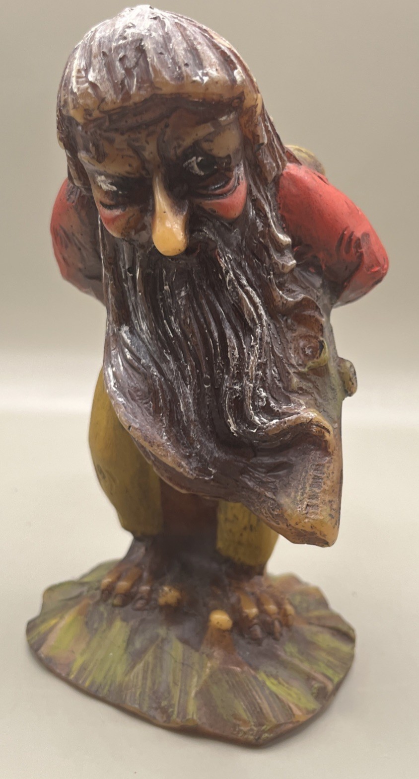 Vintage Hand Painted and Hand Carved Worried Hobbit Gnome Wax Candle Figurine