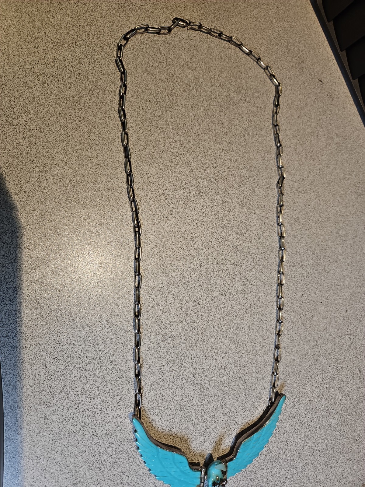 Navajo F. Tom Native American Sterling Silver Carved Turquoise Eagle Necklace