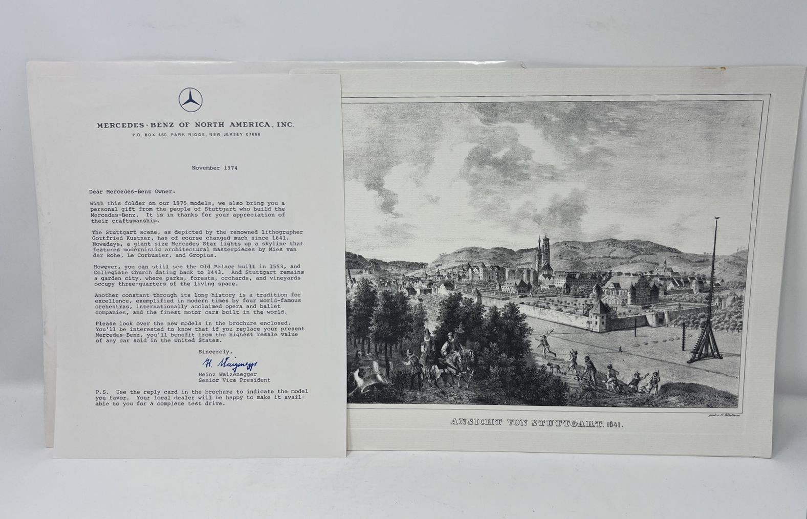 Vintage 1974 Mercedes-Benz Stuttgart Lithograph with Letter