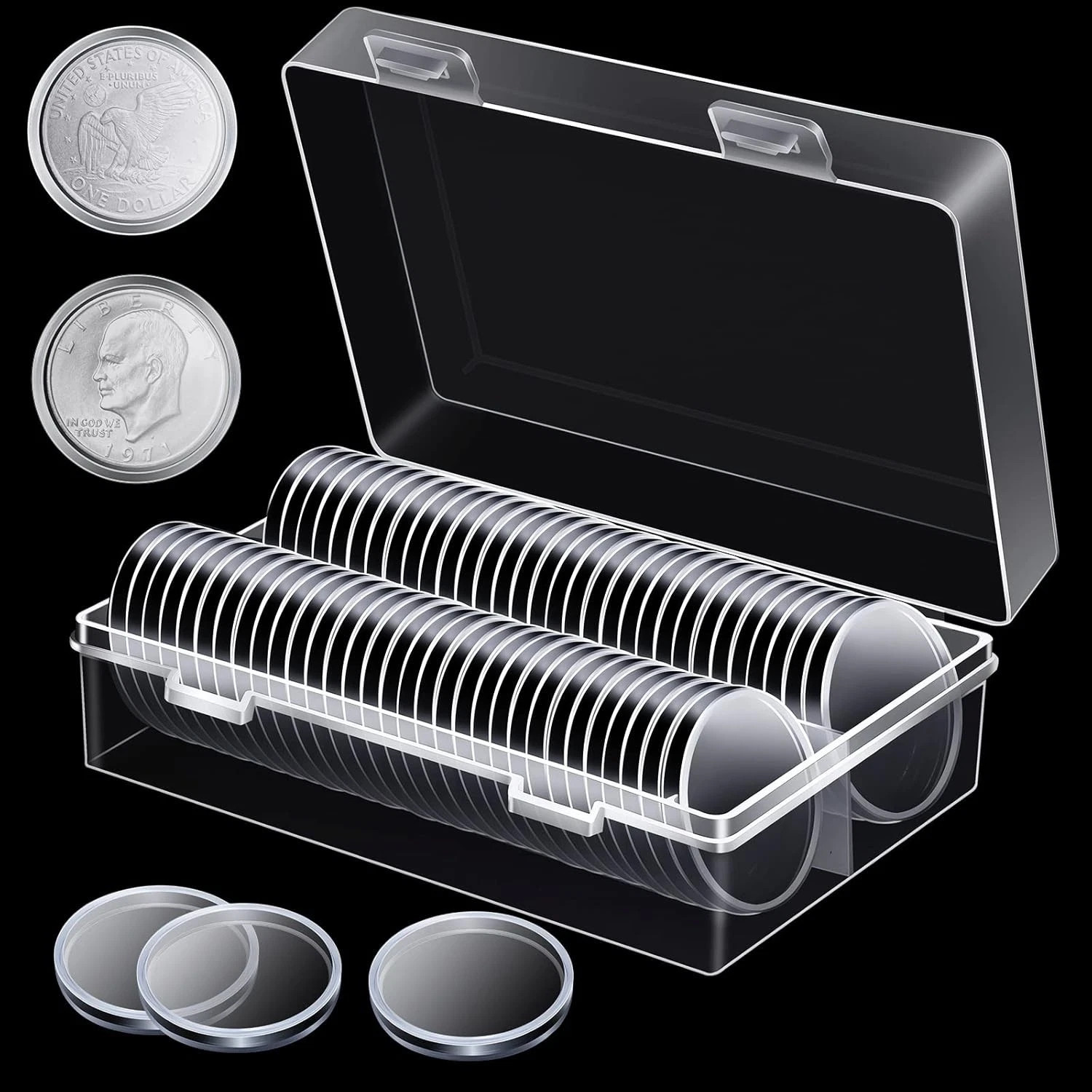 50/100PCS Clear Round Coin Capsules Silver Gold Coin Holders Plastic Gaskets Box