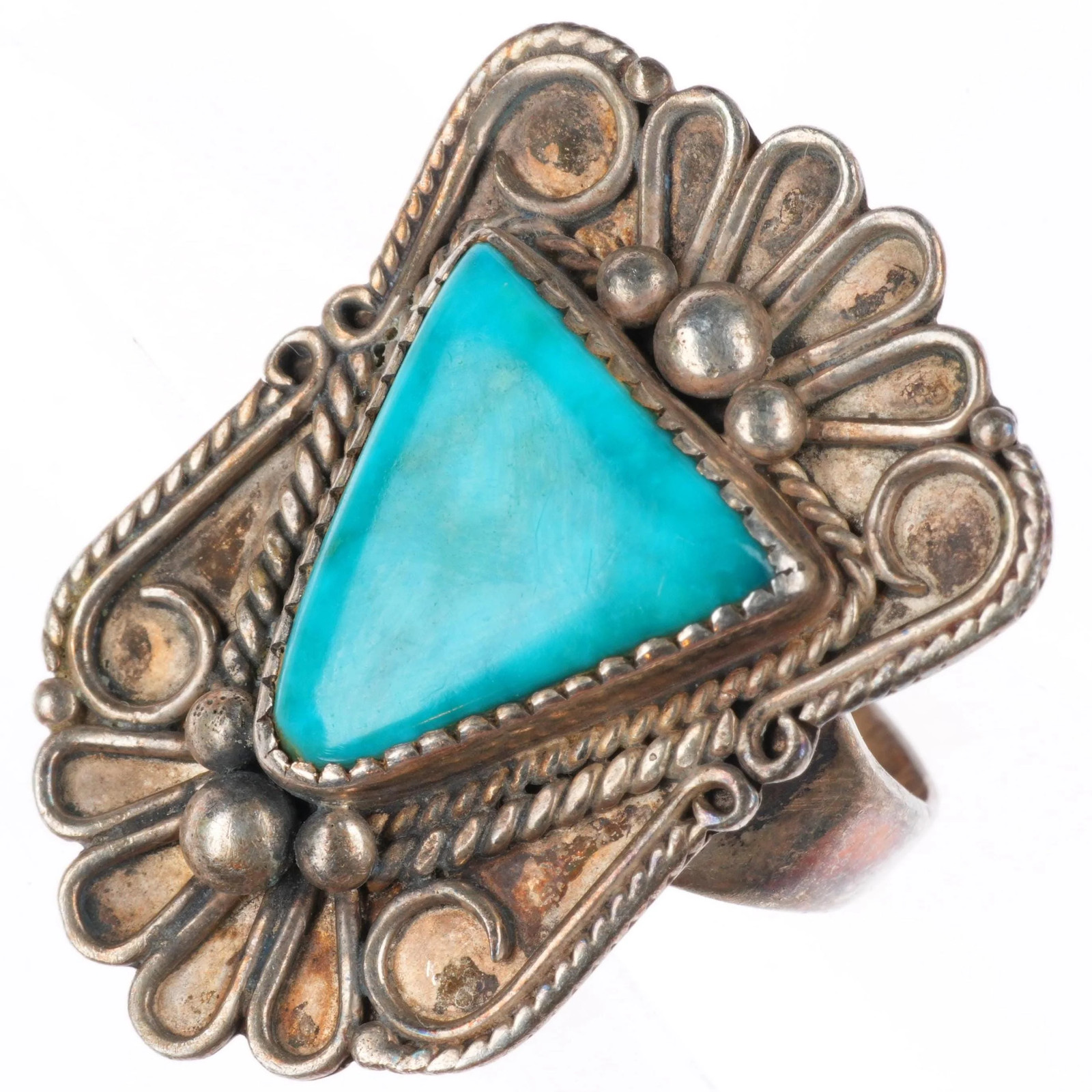 sz6.5 Vintage Navajo Blue Gem turquoise ornate face sterling silver ring
