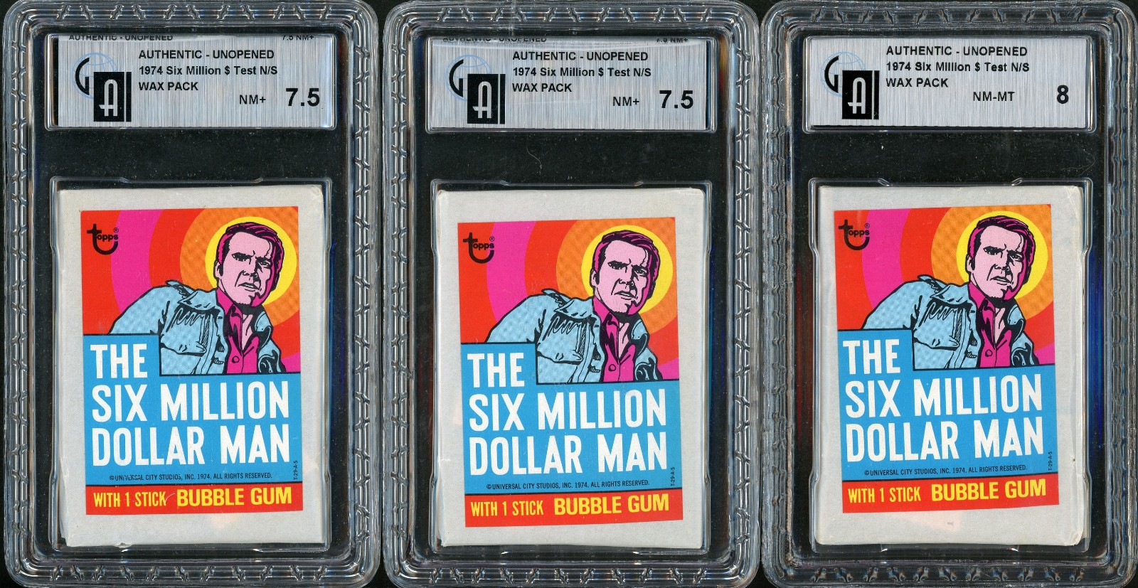 3 Packs - 1974 Topps Six Million Dollar Man GAI NM+ NM+ NM-MT Unopened