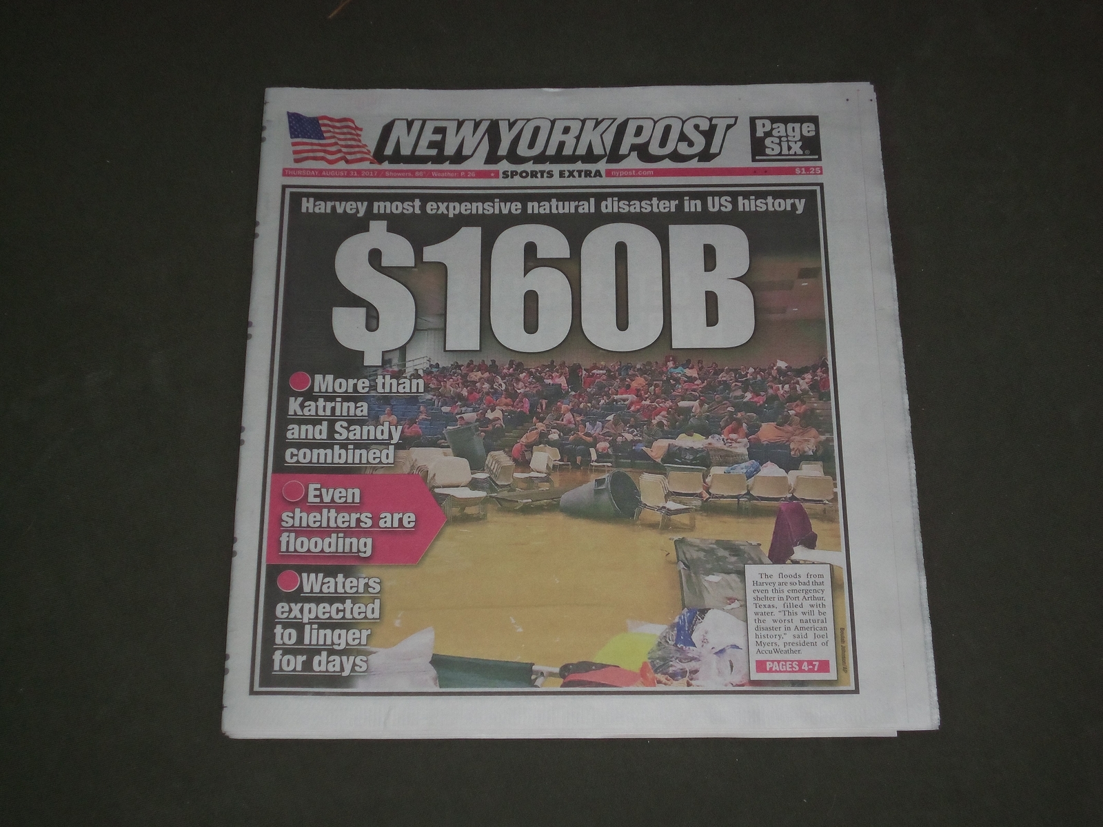 2017 AUGUST 31 NEW YORK POST NEWSPAPER - HURRICANE HARVEY- $160 BILLION DISASTER