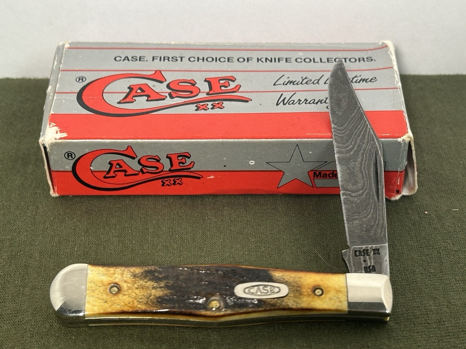 VINTAGE 1989 CASE XX 5125-1/2 D POCKET KNIFE STAG HANDLES, DAMASCUS BLADE MIB