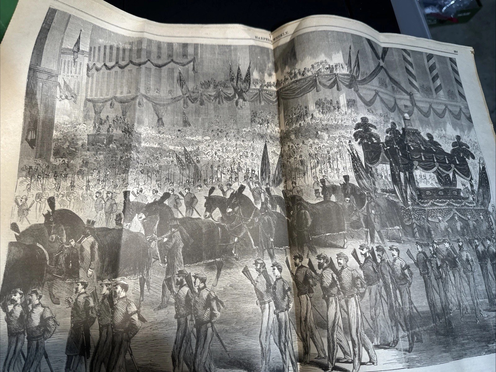 1865 Capture of Booth Harpers Weekly May 13 Lincoln Funeral Procession Art 16x11