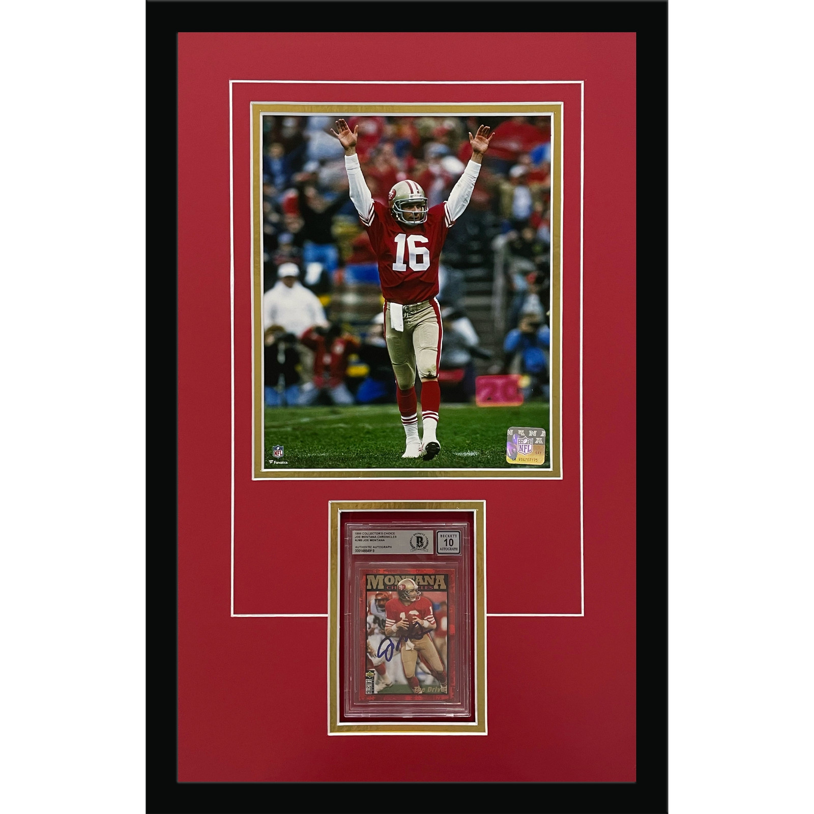 Joe Montana Autographed Football Card Deluxe Framed with San Francisco 49ers 8x1