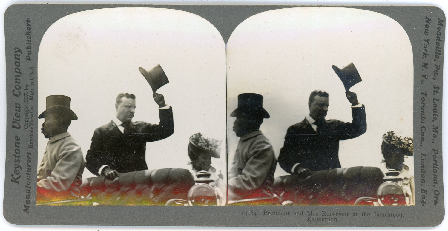 Stereo, USA, President and Mrs. Roosevelt at the Jamestown Exposition, 1907 Vint