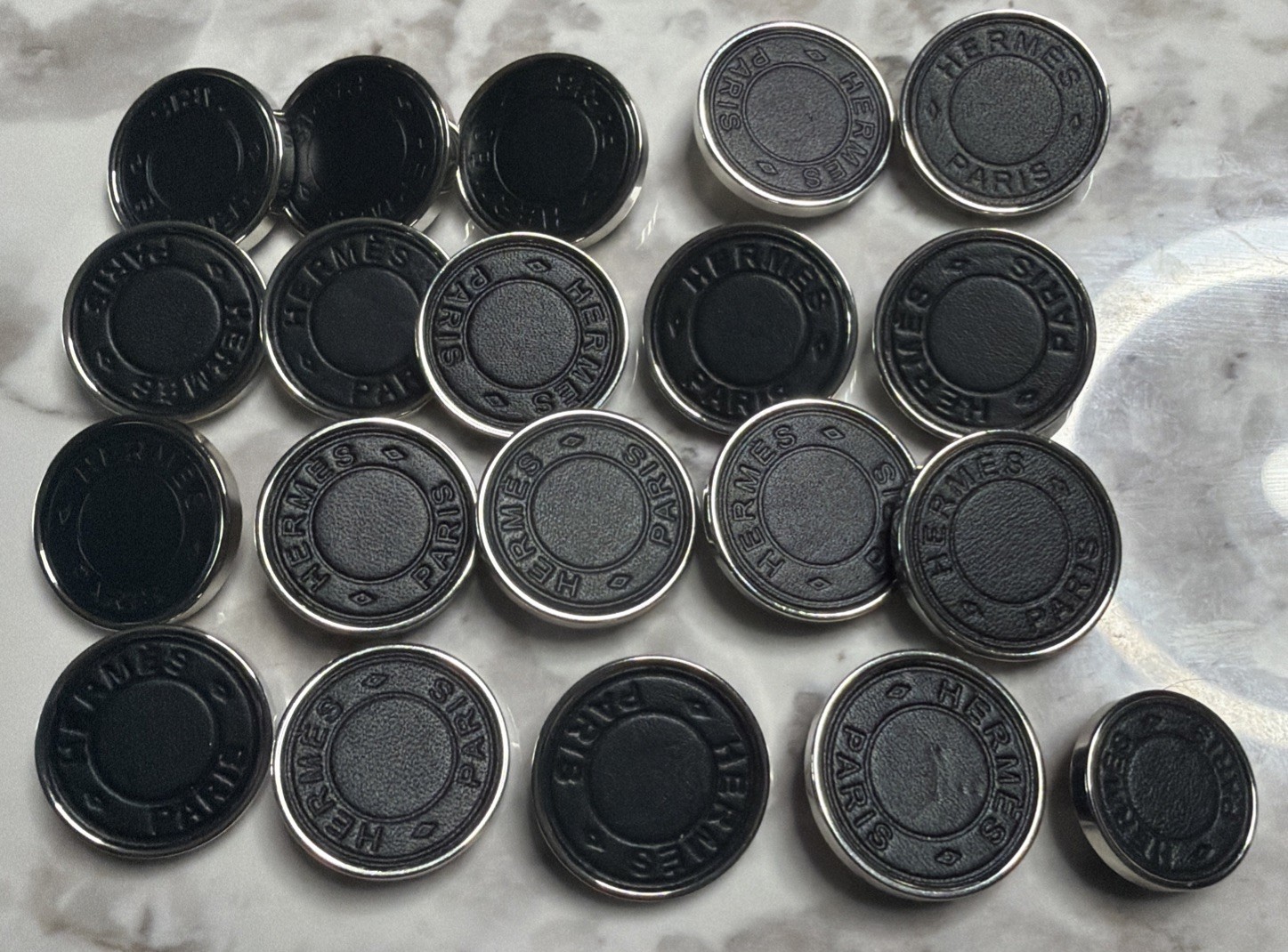 Hermes Leather Black Buttons metal resin made in France Authentic Set Of 20 New