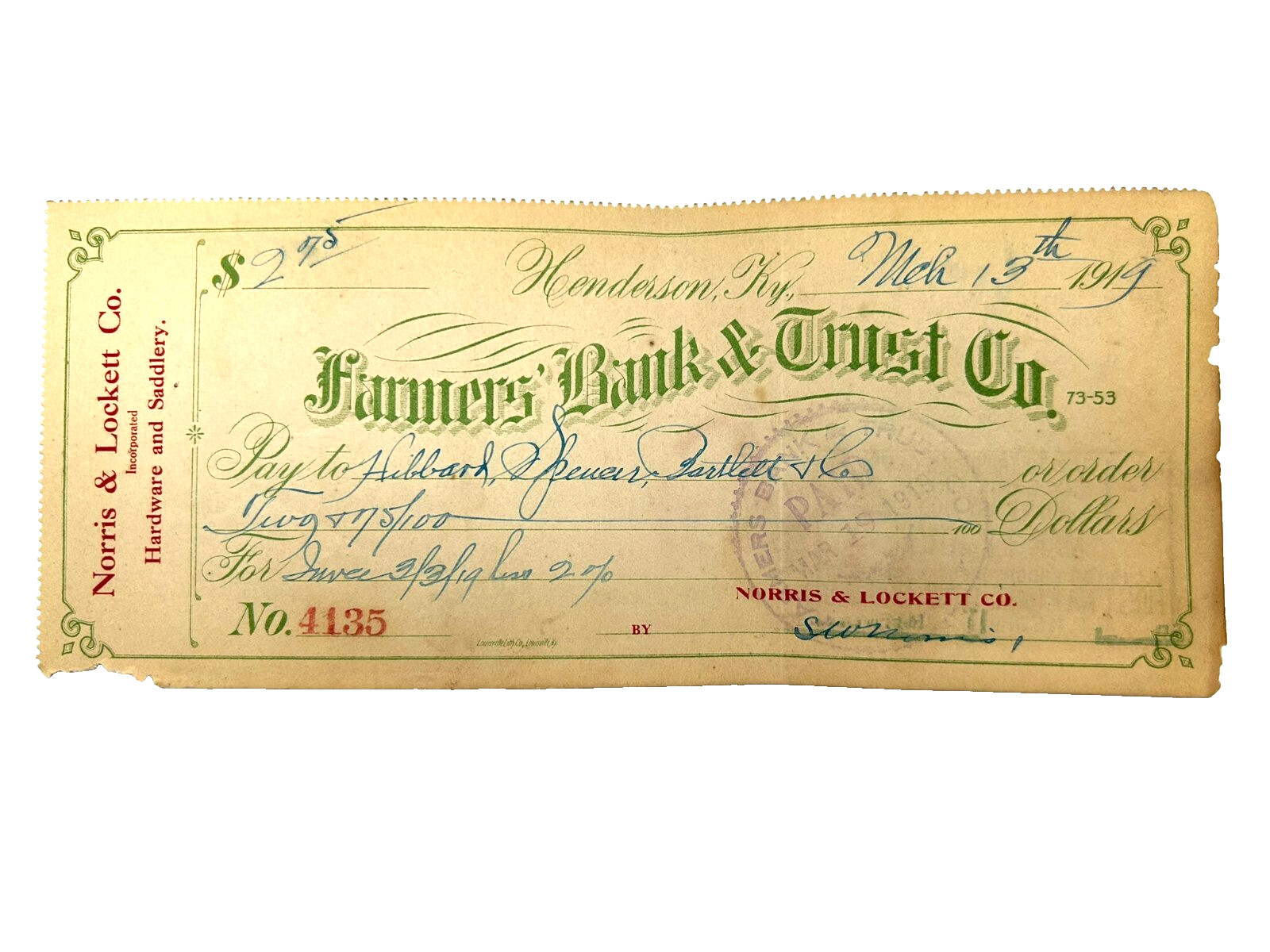 Antique 1919 Farmers' Bank & Trust Co Check Norris & Lockett Hibbard Spencer