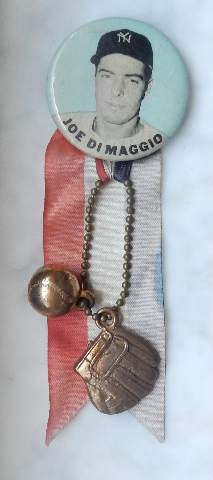 Vintage 1940s NY Yankees Joe DiMaggio Ball & Glove Ribbon Pinback Button