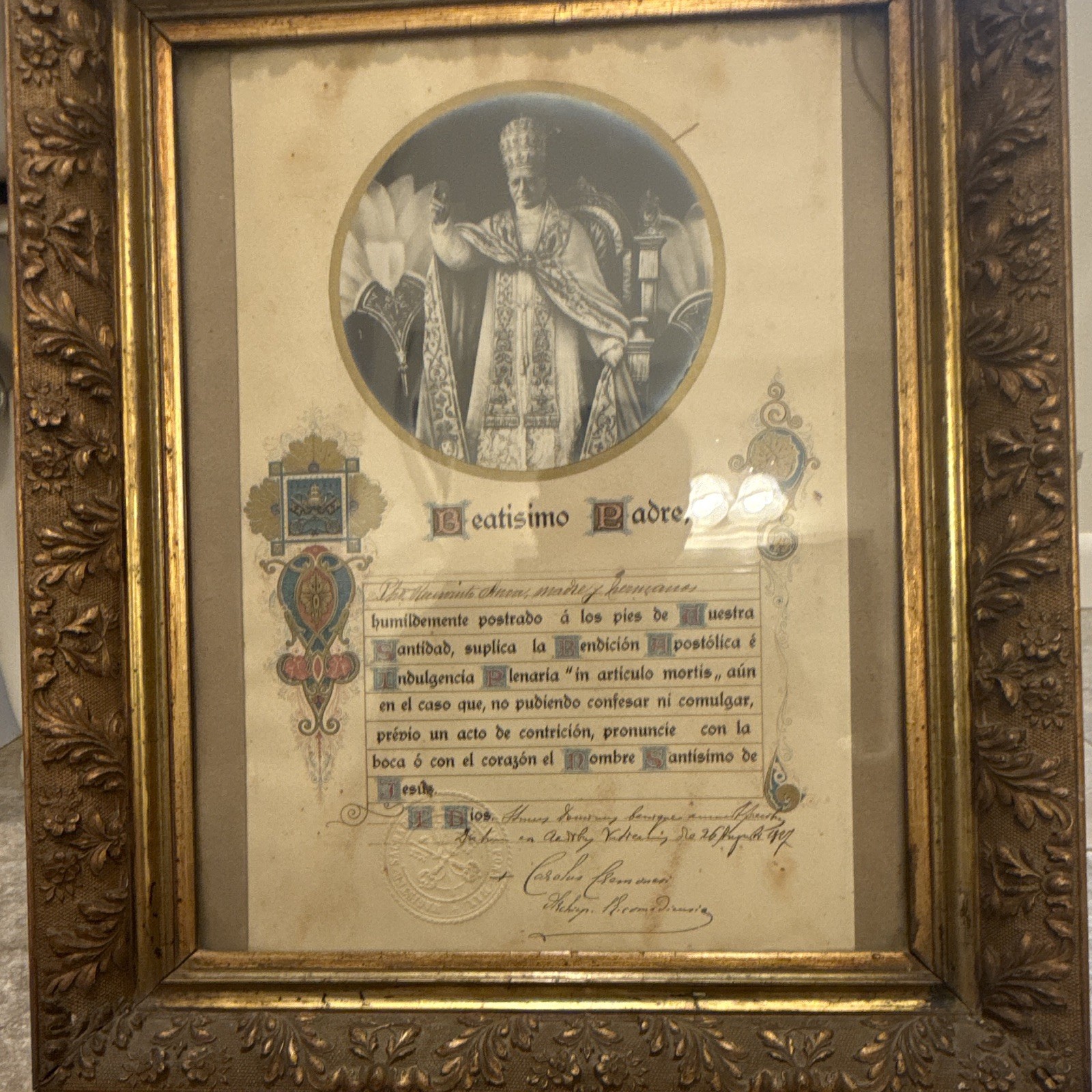 1920s Antique Framed Papal Blessing & Indulgence Document – Pope Pius XI .