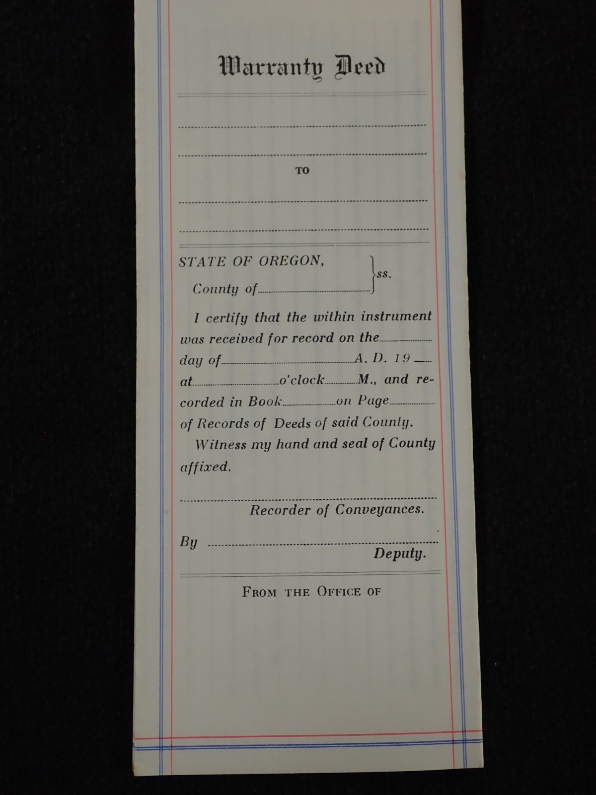 Old stock Oregon warranty deed blank from early 1900\'s