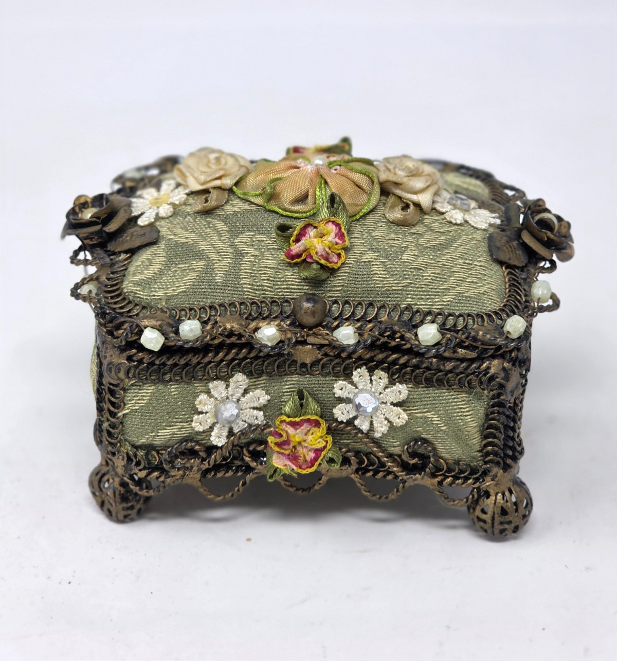 Antique Victorian Silk Brocade Trinket Jewelry Box Ribbonwork Flowers Ornate