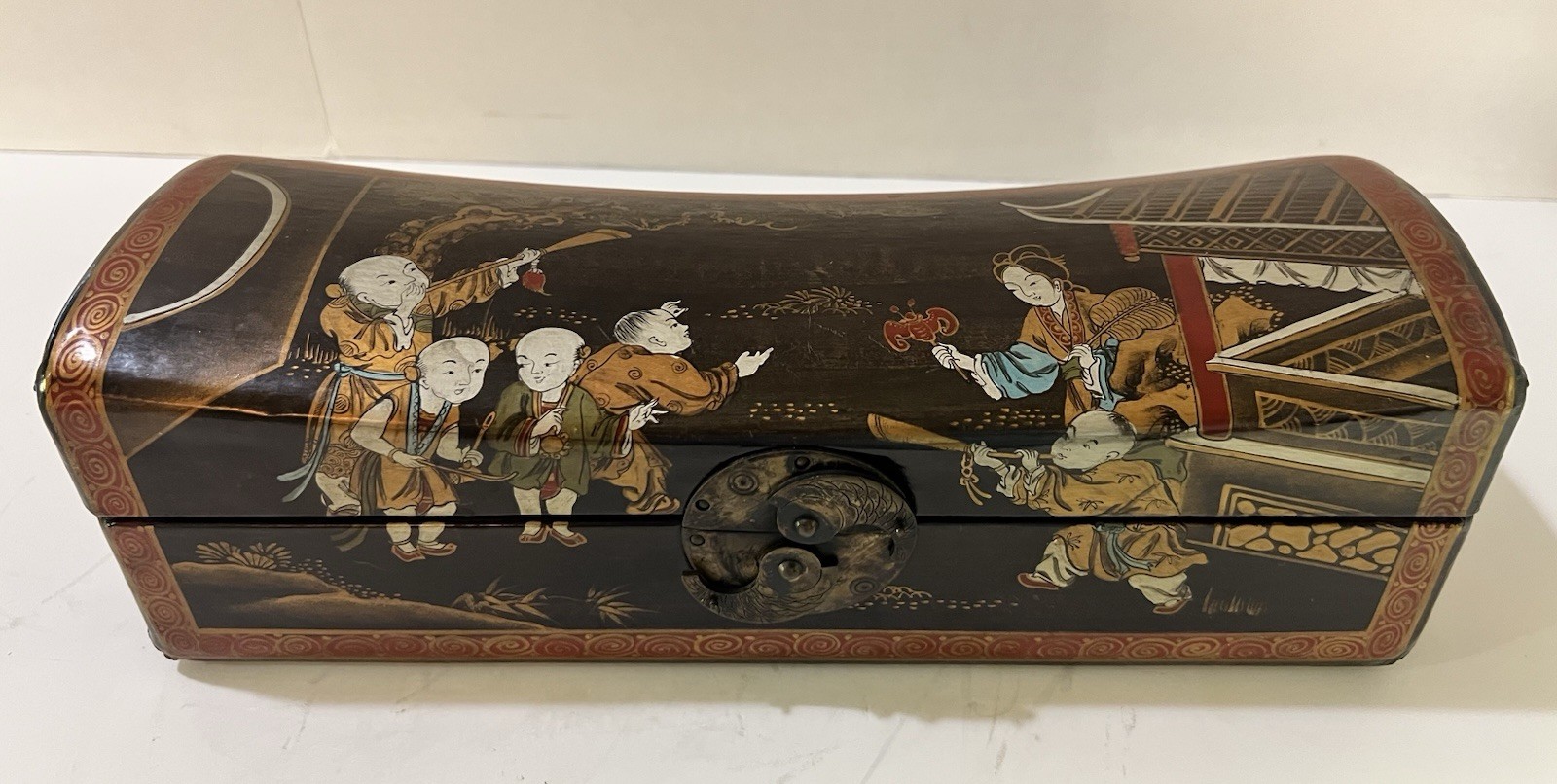 Antique Chinese Wood And leather-bound pillow box (zhentou he)