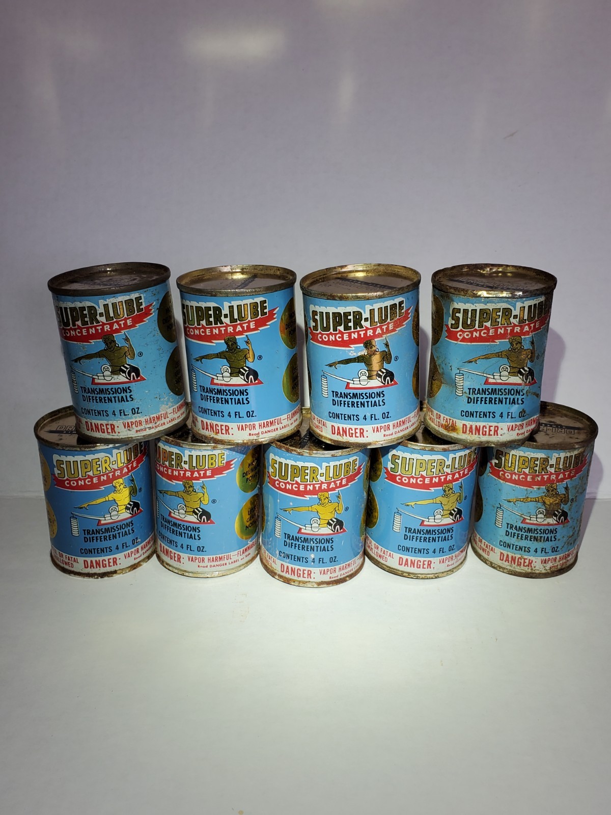 Vintage Dri Powr Litho GENIE Tin Gas Oil Can Super Lube Full Cans Lot of 9