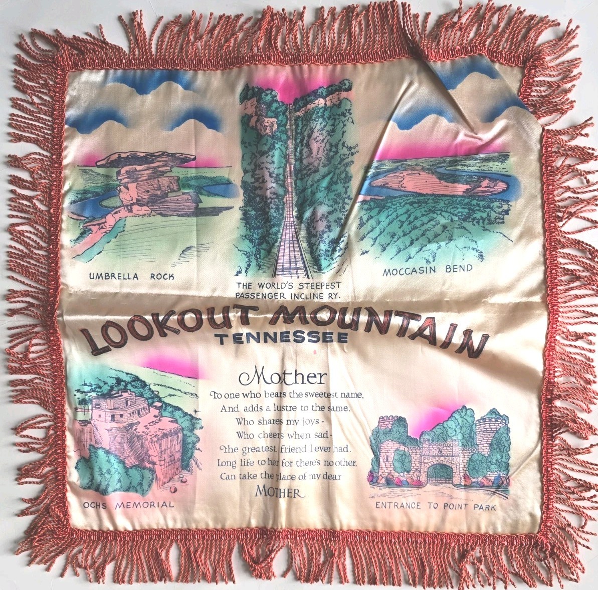 Vtg LOOKOUT MOUNTAIN TN Pillow Cover Case Umbrella Rock + MOTHER Souvenir Satin 