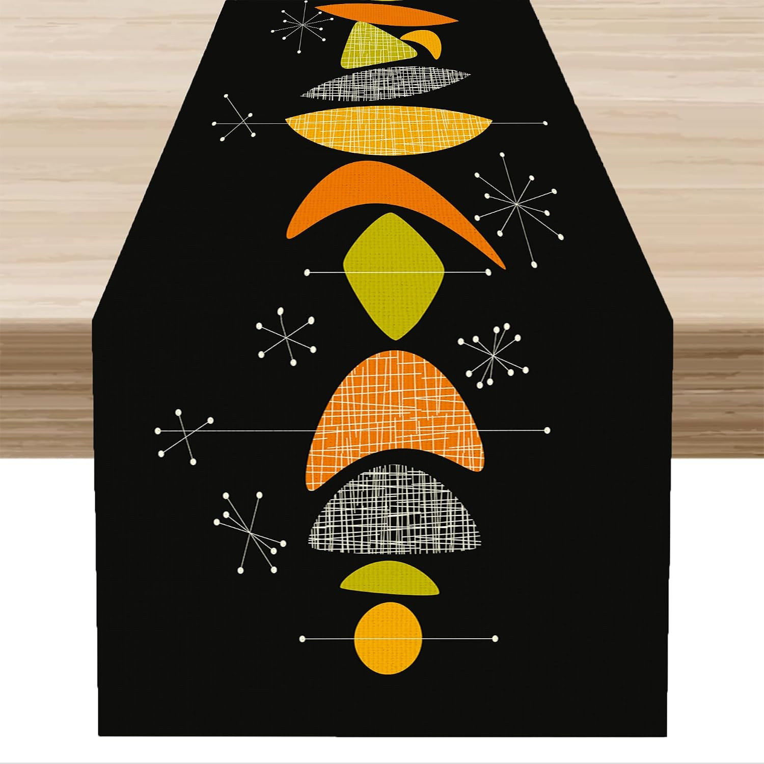 Retro Mid Century Table Runner, Vintage 1950s Atomic Modern Abstract Black Orang Retro Mid Century Table Runner, Vintage 1950s Atomic Modern Abstract Black Orang