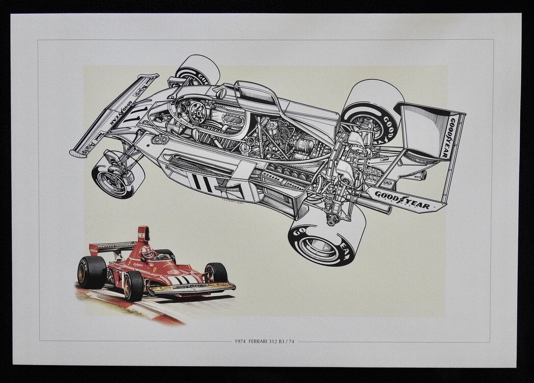 1974 Ferrari 312 B3/74 F1 D'Alessio Ltd Ed Art Print Cutaway Technical Drawing