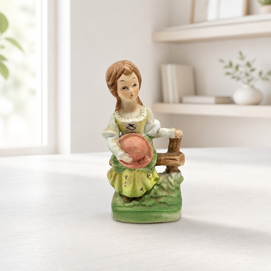Vintage Porcelain Victorian-style Girl Figure with a Hat and Rustic Fence