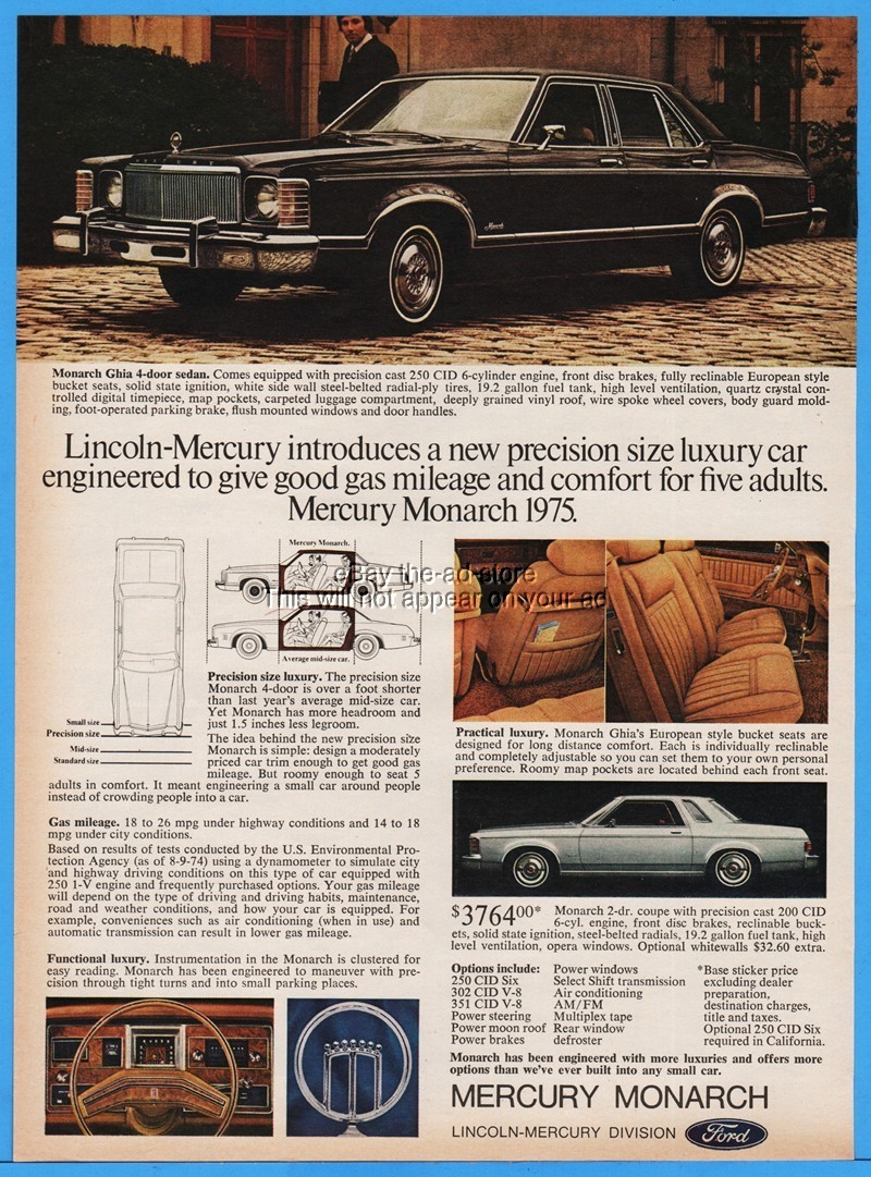 1975 Mercury Monarch Ghia 4 Door Sedan 2 Door Coupe Vinatge 1974 Photo Print Ad
