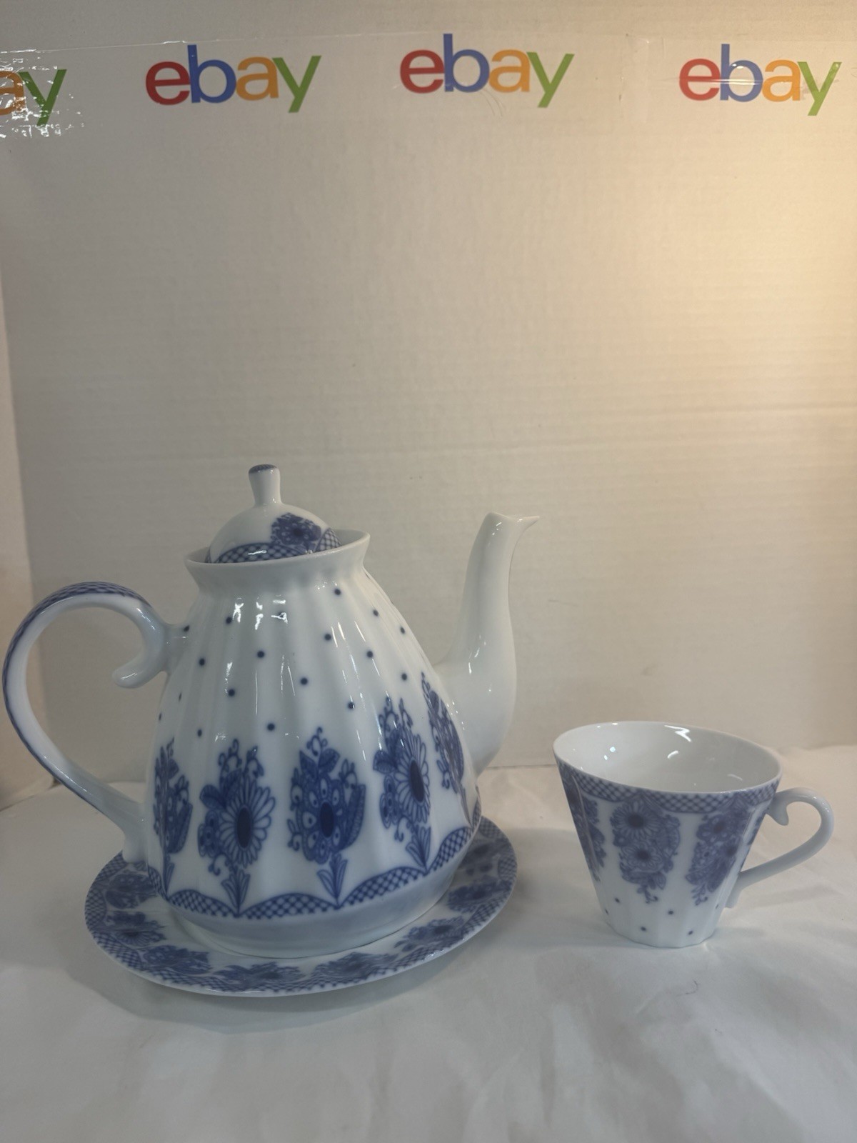 Vint Lomonosov Imperial Bridesmaid Baskets Teapot Cup Set Cobalt Blue White Gold
