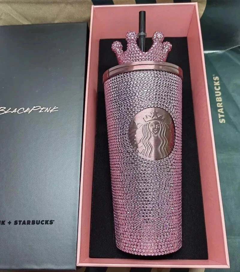 New Starbucks 2024 SS Pink Rhinestone Cold Cup Tumbler+ Diamond Crown 16oz Gift