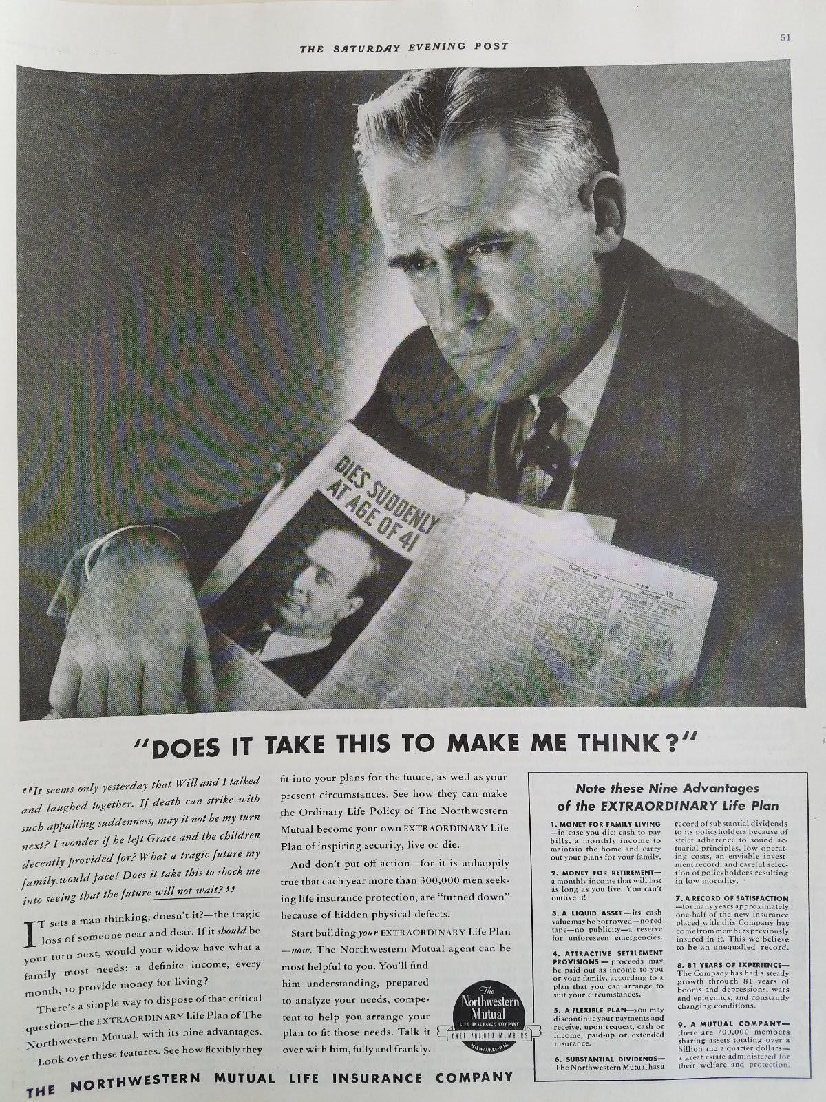 1939 Northwestern Mutual Insurance Dies Suddenly at Age 41 Makes Me Think Ad 1939 Northwestern Mutual Insurance Dies Suddenly at Age 41 Makes Me Think Ad