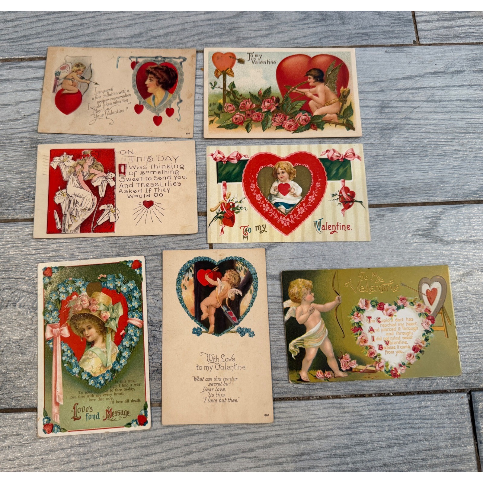 Valentine Postcard Lot 7 pc Antique Cupid Victorian Cards 1900s Embossed Cherub